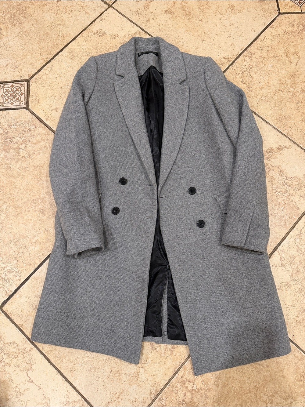 Zara Gray Double-Breasted Pea Coat with Black Lining